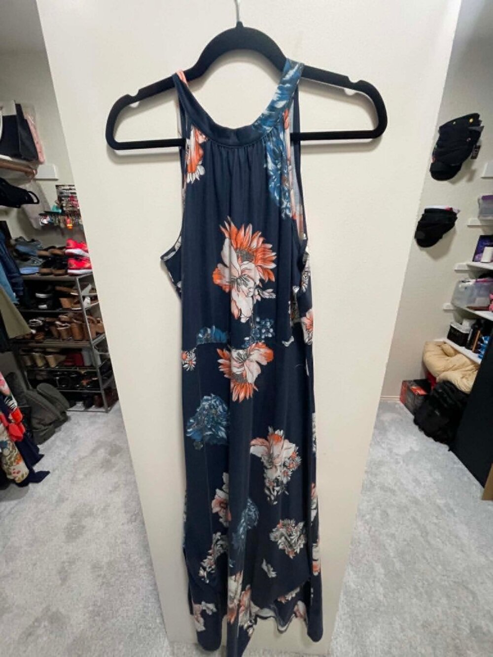 Styleword Sz Med Navy Blue Floral Tie Halter Neck Sleeveless Maxi \